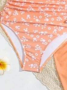 SHEIN Tween Girl Floral Printed Side Drawstring Side One-Piece Swimsuit With Cover-Up Skirt Bathing Suit For Summer Beach Holiday Kids Swimming ,Kids Beachwear - Orange - View 6