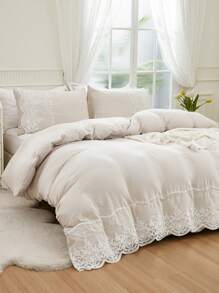 3pcs Beige Synthetic Polyester Bottom Surface With A Mesh Duvet Cover Kit - Beige - View 2