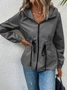 EMERY ROSE Hooded Zipper Drawstring Pocket Solid Color Long Sleeve Jacket Fall Winter Cloth For Women - Dark Grey - View 6