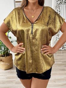 SHEIN LUNE Plus Size Women Summer Solid Color Metallic Zippered Batwing Short Sleeve Elegant Blouse - Gold - View 1
