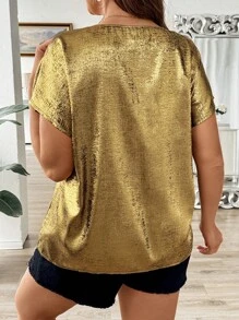 SHEIN LUNE Plus Size Women Summer Solid Color Metallic Zippered Batwing Short Sleeve Elegant Blouse - Gold - View 2