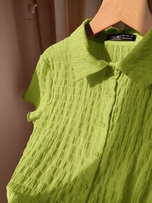 Comfortcana 夏季萊姆色針織短袖鈕扣襯衫 - 橄欖綠 - 查看 4
