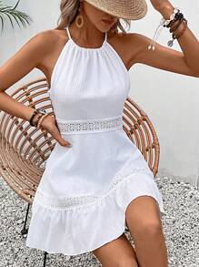 SHEIN LUNE Guipure Lace Panel Backless Ruffle Hem Dress - White - View 3