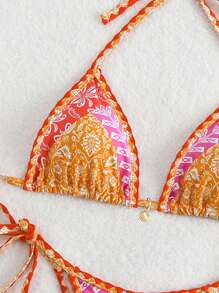 SHEIN Swim 女士假日植物印花露背性感比基尼套裝，含分體泳衣 - 彩色 - 查看 5