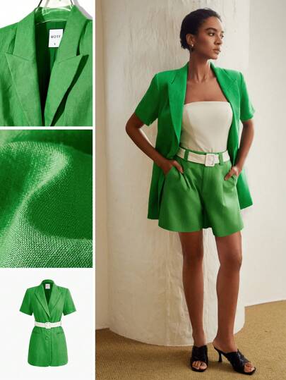 MOTF PREMIUM PURE LINEN SOLID PEAK COLLAR CONTRAST BELTED BLAZER