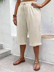 SHEIN LUNE Pantalones Capri de talla grande de unicolor, estilo de vacaciones, tejidos - Beis - Ver 5