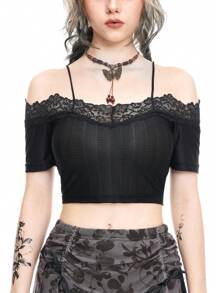 ROMWE Fairycore Lace Trim Ruffle Off The Shoulder Fitted Women's T-Shirt