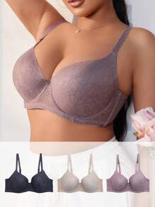 Women's Plus Size Solid Color Lace Underwire Bra Set (Pack Of 3) - Multicolor - View 4