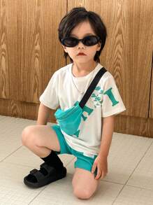 SHEIN 2pcs/Set Young Boy Casual Korean-Style Letter & Graphic Print Crew Neck T-Shirt And Matching Shorts With Pouch For Spring/Summer Wear - Multicolor - View 3