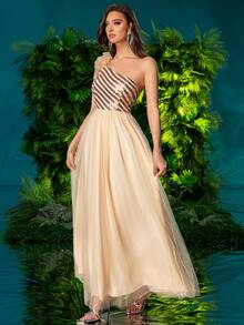 Double Crazy Women's Mesh Contrast Glitter One Shoulder Formal Dress - Champagne - View 7