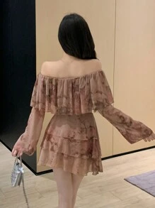 DAZY Women's Fashionable Ruffle Hem Allover Print Chiffon 2pcs Set