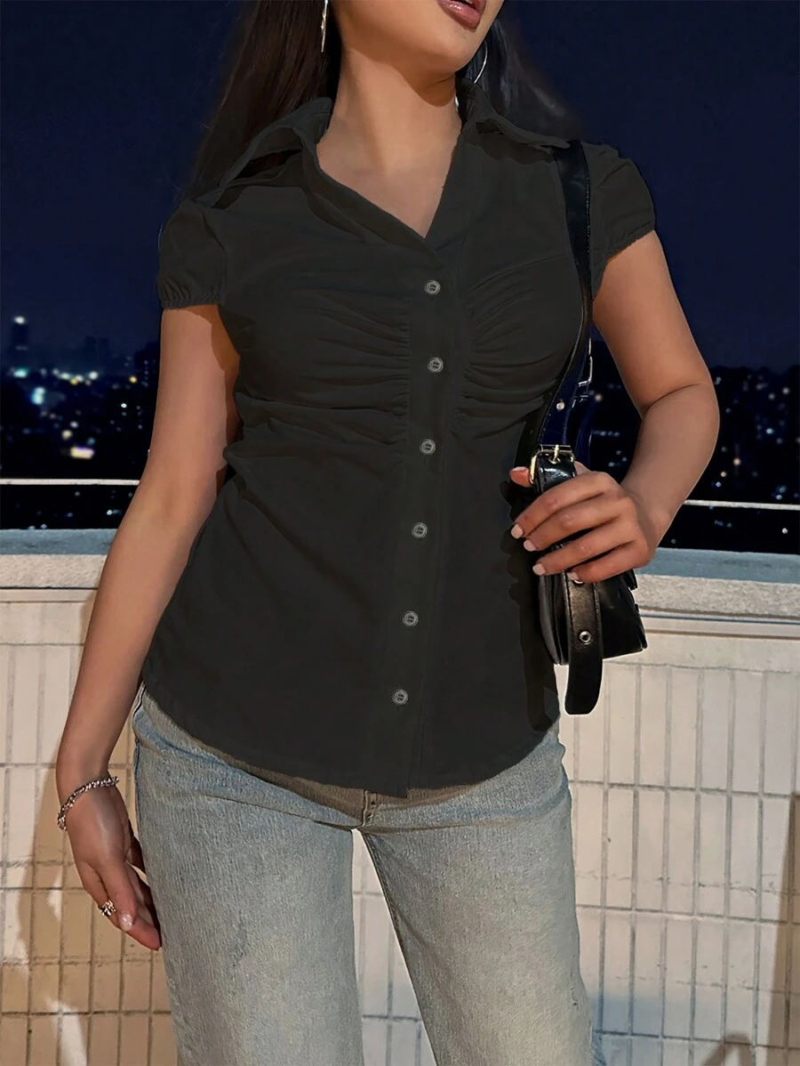 SHEIN Unity 女士纯色简约日常短袖衬衫、短袖上衣 - 黑色 - 查看 1