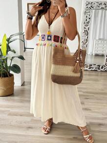 SHEIN Clasi Đầm dệt kim cổ chữ V Boho cỡ lớn không tay thêu và trang trí tua rua cho nữ, trang phục mùa hè - Màu be - Xem 6