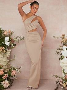 L'Amorae One Shoulder Cut Out Ruched Dress - Khaki - View 5