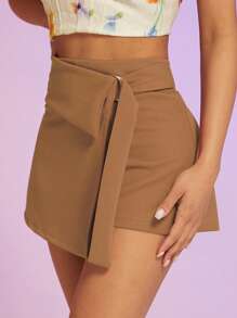 Hauture 高腰O形扣細節包覆裙短褲 - 駝色 - 查看 5