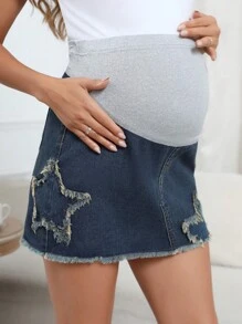 SHEIN Maternity Summer Casual High Waist Denim Skirt With Colorblock Design, Fringe Hem And Star Shapes - Dark Wash - View 3