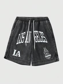 ROMWE MEN Street Life Men's Letter Printed Denim Shorts, Suitable For Daily Wear In Spring And Summer - Black - View 3