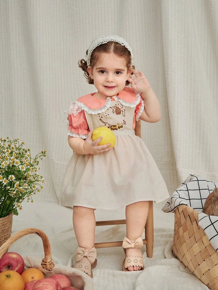 Baby Girl Round Neck Contrast Color Embroidered Orange Short Sleeve Top And Solid Color Skirt Summer Casual Outfit
