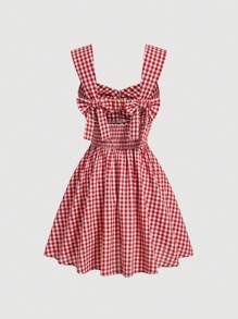 SHEIN MOD 紅色白色格紋無背蝴蝶結野餐夏日假期百褶裙