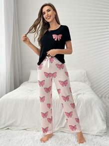 蝴蝶印花女士短袖T恤和褲子睡衣套裝