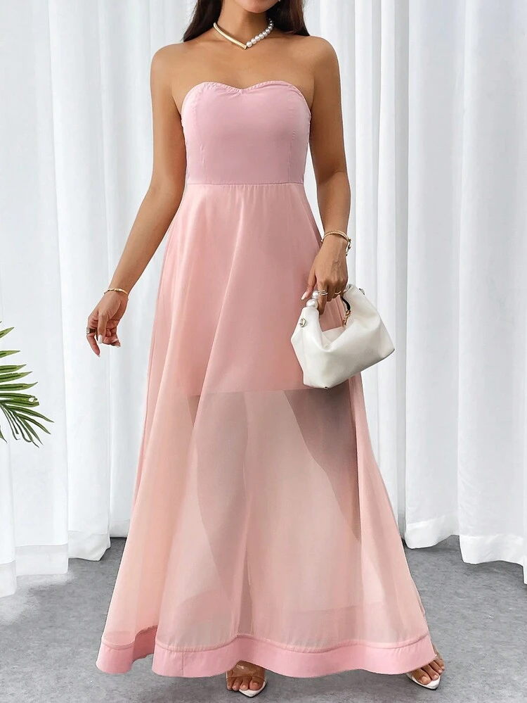 Women's Strapless Mesh Splice Long Elegant Dress With Sheer Detailing, Suitable For Evening Party & Valentine's Day