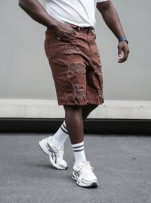 Manfinity Roghcode Quần short denim rách cỡ lớn dành cho nam có túi, dài đến đầu gối - màu nâu - Xem 5