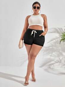 SHEIN SXY Pantalones cortos de mezclilla con cordón y bolsillos de talla grande, de unicolor, ajustados y elásticos - Negro - Ver 3