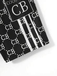 SHEIN 青少年男孩夏季短袖短褲字母圖案針織休閒寬鬆防火睡衣套裝