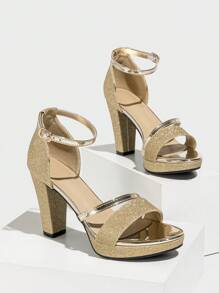 Giày sandal cao gót nữ mùa xuân/hè, quai trước đế dày, quai ngang mắt cá chân, màu vàng kim loại, giày dự tiệc sang trọng, thanh lịch, thích hợp cho kỳ nghỉ. - Vàng - Xem 5