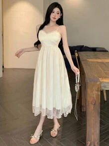 DAZY Women's Elegant Solid Color Embroidered Spaghetti Strap Summer Dress, Birthday Prom Dress,Ruffle,Dress For Wedding - Beige - View 2