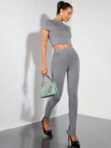 SHEIN BAE 休閒實色高腰開衩褲裝 - 咖啡棕 - 查看 5