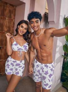 Manfinity Swimmode Men's Cow Printed Drawstring Waist Loose Fit Beach Shorts For Holiday
