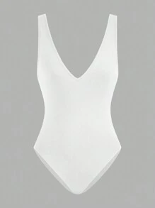 SHEIN EZwear Plus Size Women's Black & White 2 Pieces Sexy Plunging V-Neck Sleeveless Backless Bodycon Bodysuit, Summer Vest Top Suitable For Going Out - Multicolor - View 4