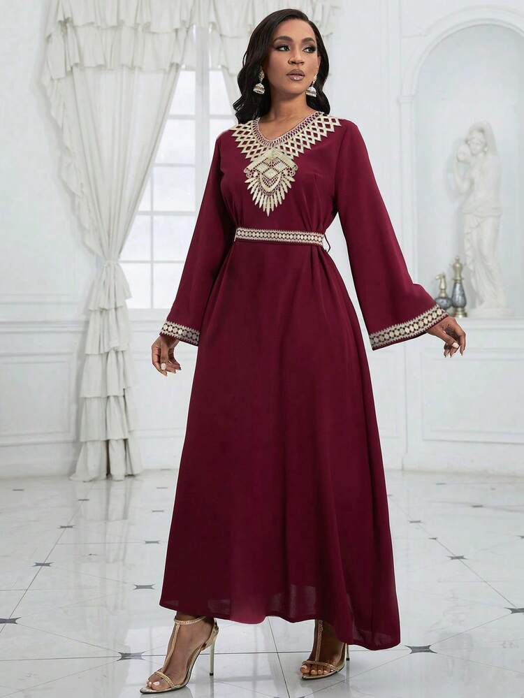2024 New Arrival Geometric Printed V-Neck Flare Sleeve Elegant Dress For Women