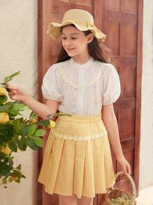 SHEIN Conjunto de camisa de manga corta elegante y sofisticado y falda a cuadros para niña preadolescente, perfecto para vacaciones de verano y estilo campestre