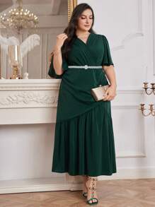 Modelyn Plus Size Elegant Solid Color Waist Cinched Dress With Belt Long Evening Dresses