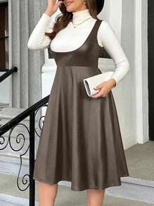 SHEIN Clasi Vestido sólido y sencillo de tamaño grande para mujer, ideal para uso diario - Albaricoque - Ver 1