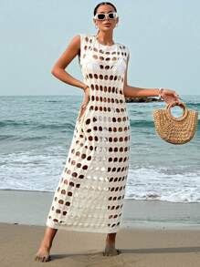 Vestido de punto de cuello redondo de un solo color con diseño calado, para el verano y las vacaciones en la playa