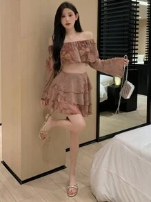 DAZY Women's Fashionable Ruffle Hem Allover Print Chiffon 2pcs Set