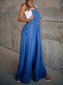 度假休闲牛仔效果印花宽松阔腿背带连体裤 - 深色水洗藍 - 查看 7