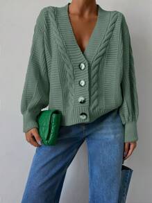EURMUSE Solid Drop Shoulder Cable Knit Cardigan - Army Green - View 6