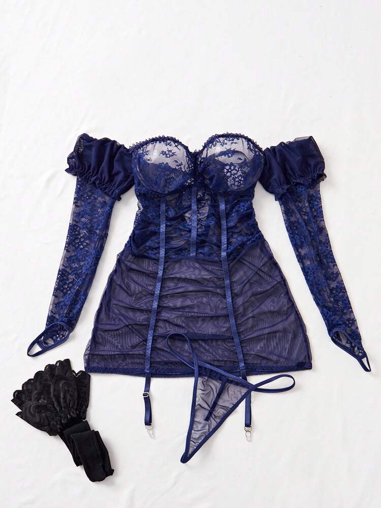 Valentine's Sexy Contrast Lace Off Shoulder Long Sleeve Lingerie Set For Women