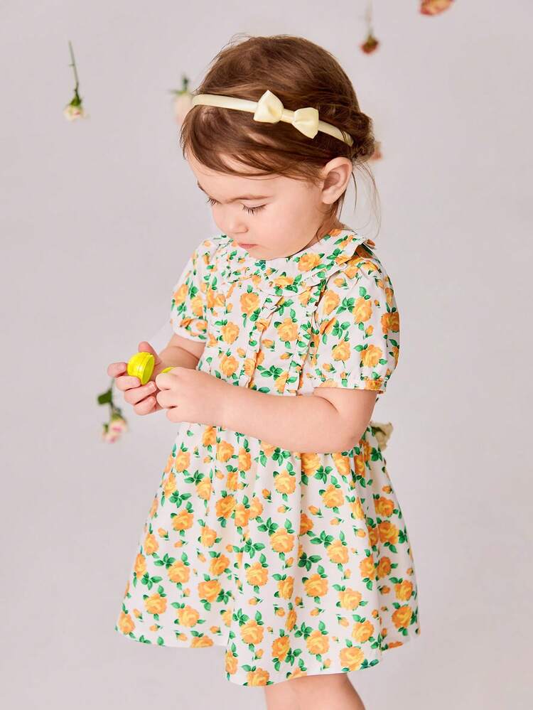 Baby Girls' Elegant Floral Pattern Dress For Spring And Summer