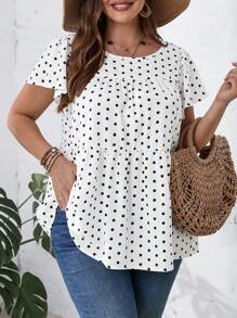 EMERY ROSE 春季加大尺碼女裝紅白波點荷葉袖優雅紅色襯衫