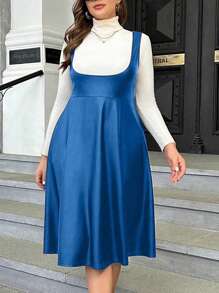 SHEIN Clasi Plus Size Women's Summer Solid Color Faux Leather Elegant Suspenders Dress - Royal Blue - View 4