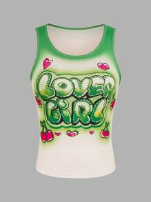 INAWLY Women's Y2K Summer Slim Fit Top With Heart, Cherry And Letters Print - Green - View 5