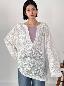 FRIFUL Women's Round Neck Solid Knitted Long Sleeve Top Sheer,Fall Women Clothes - White - View 3