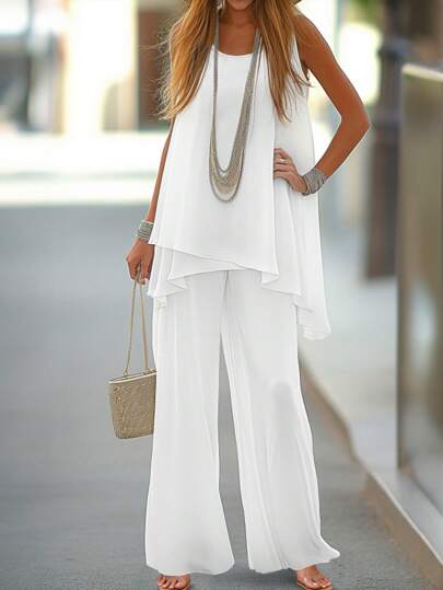 SHEIN LUNE Women's Summer Solid Color Round Neck Asymmetric Hem Tank Top And Wide Leg Loose Casual Pants 2pcs/Set