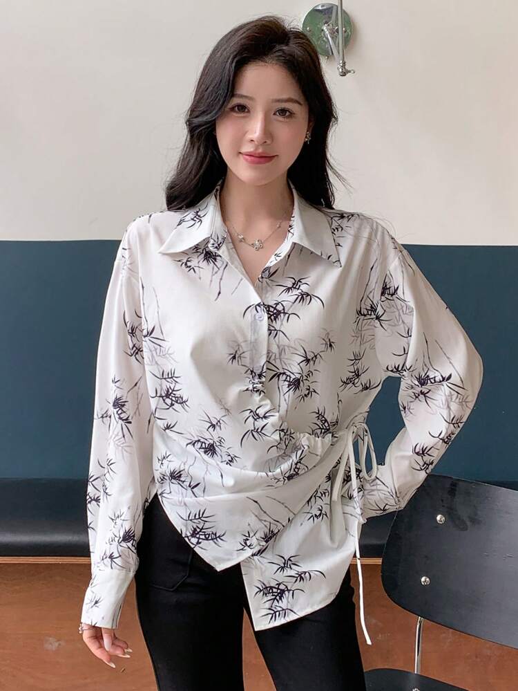Floral Printed Loose Fit Drawstring Collar Women's Shirt With Long Sleeves,Ruffle