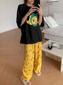DAZY Cute Cartoon Printed Loose Casual Summer T-Shirt And Pants Pajama Set